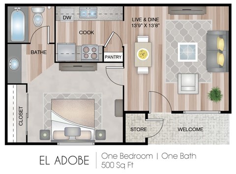 Floor plan for 1 bed, 1 bath, 500 sqft